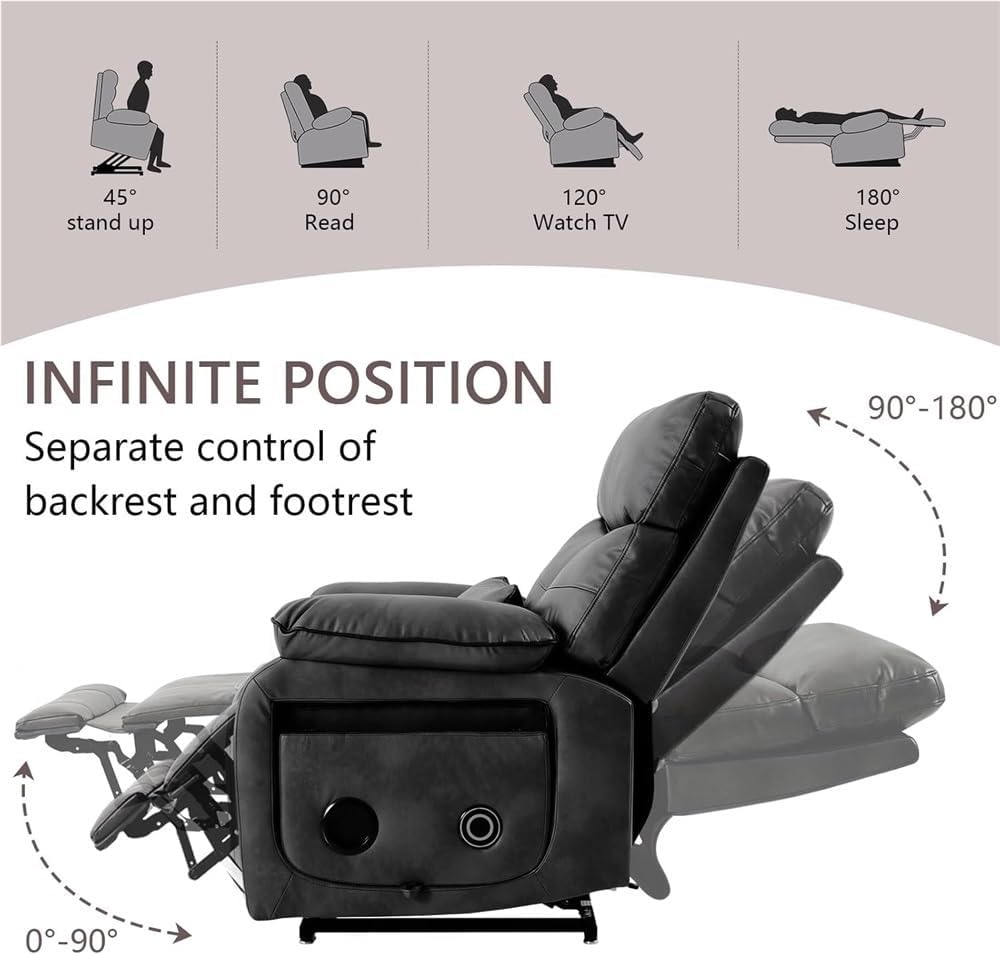 Power Lift Recliner Chair for Adults Elderly, Leather Furniture with Heat Massage, Infinite Position Lay Flat for Living Room Bedroom, USB Ports Cup Holder