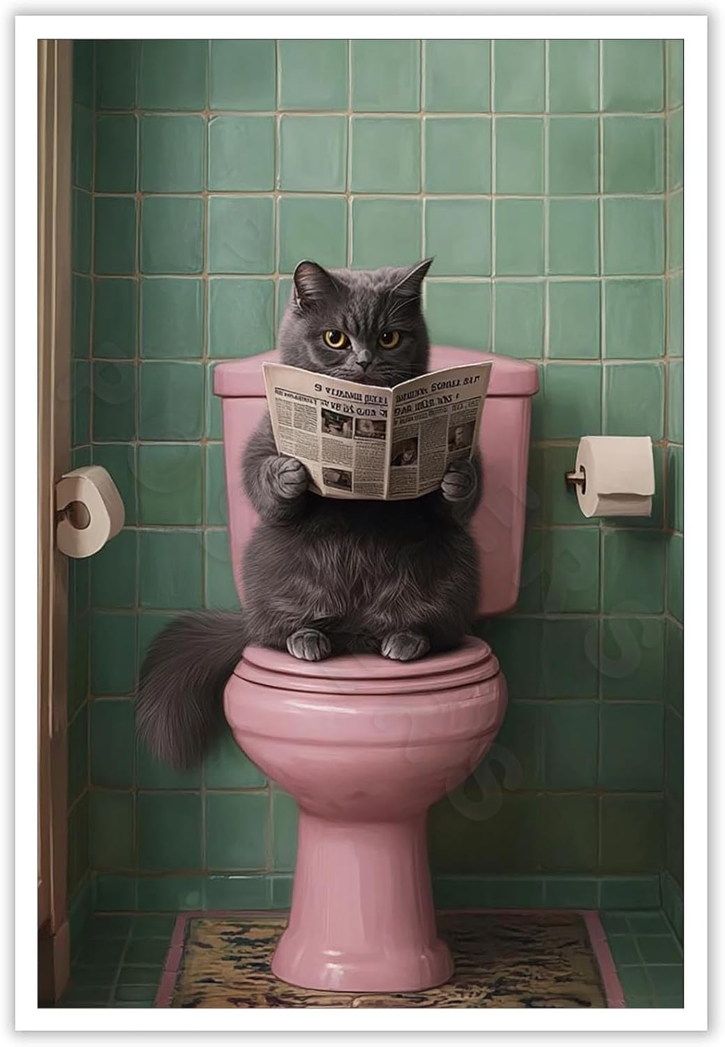 Funny Floral Art Quirky Bathroom Canvas Print Wall Art Poster Cat Reading Newspaper Print Unique Bathroom Decor Fun Animal Wall Art Funny Bathroom Sign 16X24 in Unframed