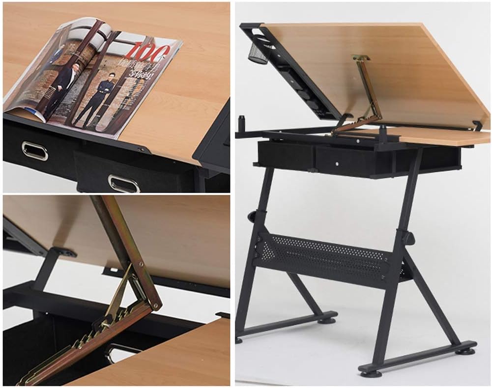 Drawing Tilting Tablet,Drafting Desk, Drafting Table with Storage, Height Adjustable Tiltable Art Desk, Maple Panel Drawing Desk, for Work Study Painting Craft Table