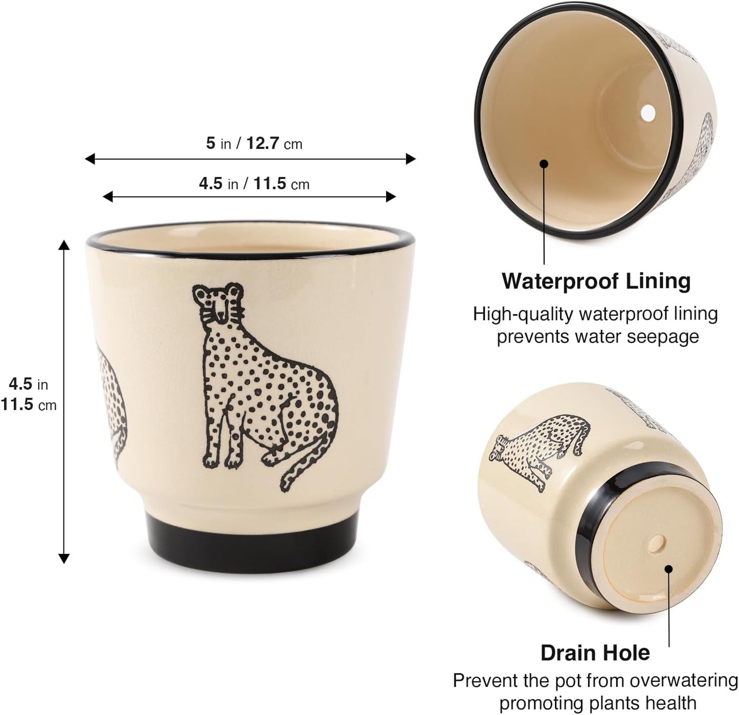 5 Inch Ceramic Planters for Indoor Plants, Funny Small Plant Pots with Drainage, Unique Decorative Cute Flower Pot Panthers Round Flowerpots