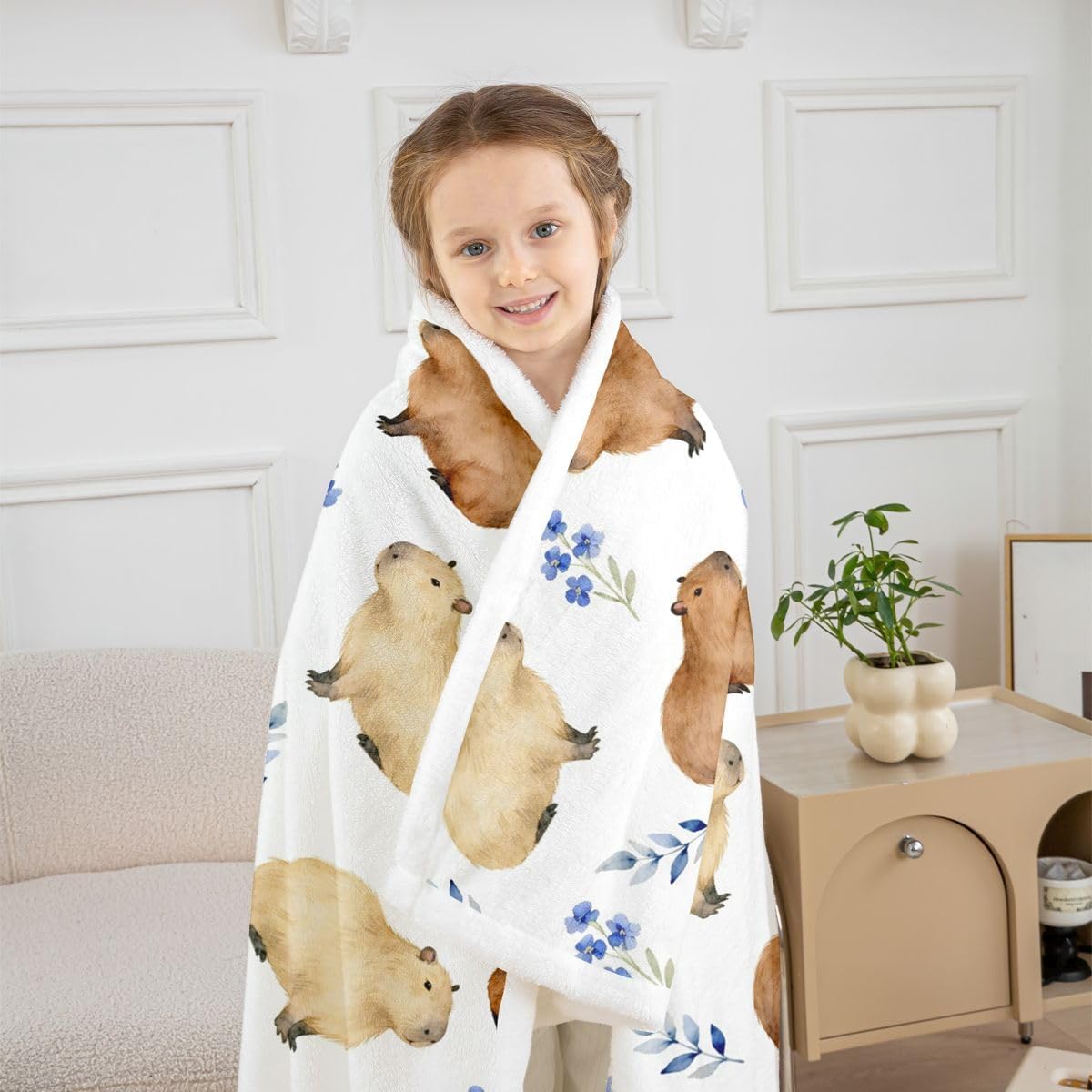 Feelyou Cartoon Capybara Sherpa Throw Blanket for Couch Floral Capybara Super Soft Cozy Fleece Sealife Blanket for Winter, Plush Throw Funny Animal Baby 30"x40" All Season