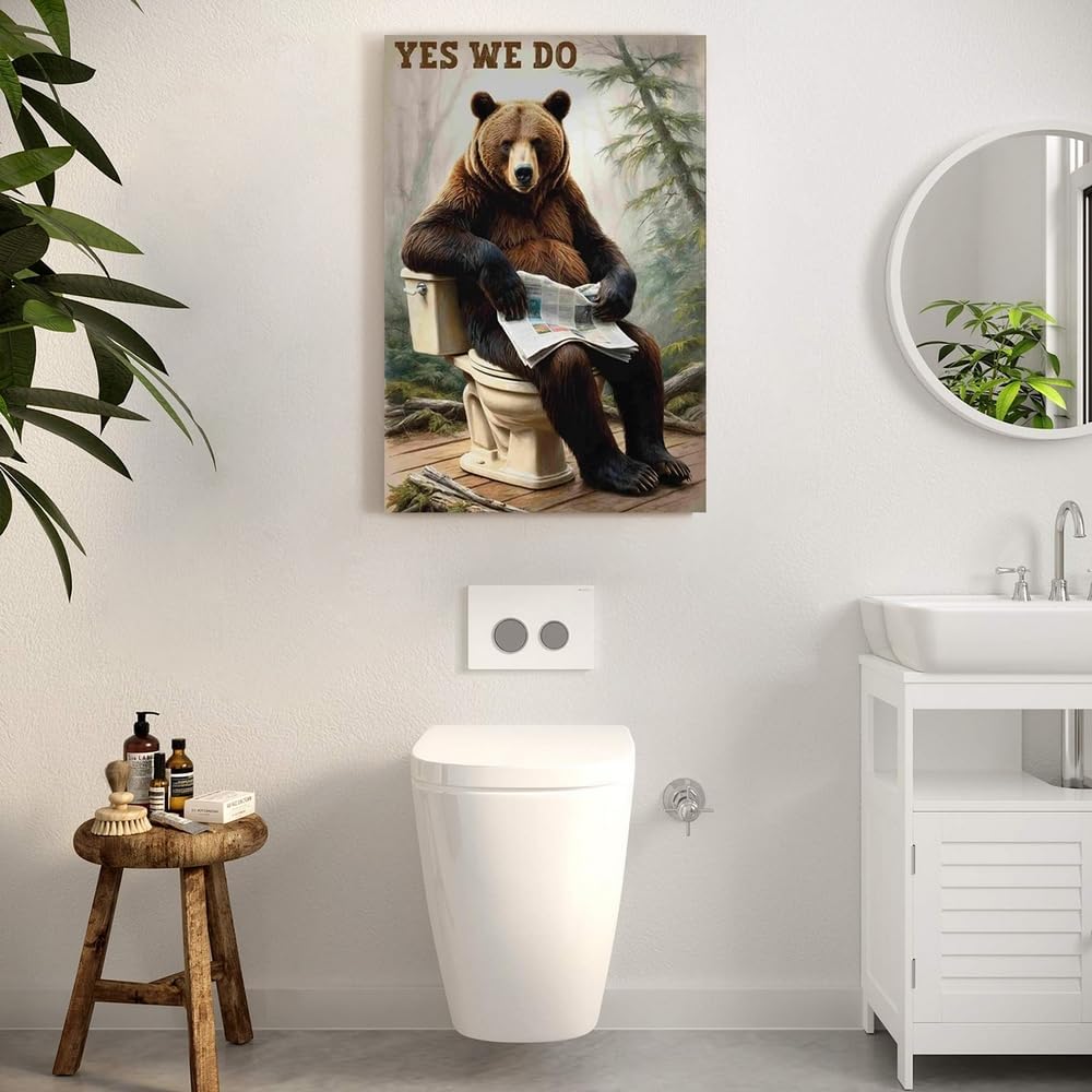 GUBIYU Funny Bathroom Bear Wall Art a Fun Bear Reading in Toliet in the Woods and it Seems Yes We Do Quirky Posters Canvas Painting Picture Humor Animal Wall Decor for Restroom Toliet Bathroom 12"x16"