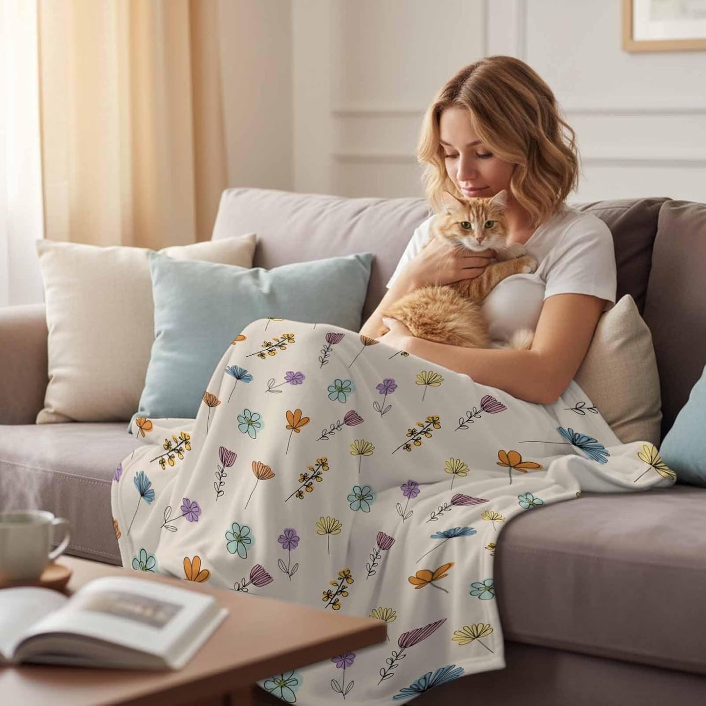 Spring Plant Throw Flannel Blanket 40x50In, Yellow Pink Purple Flower Farm Floral Beige Super Soft Cozy Bed Blanket, Lightweight Plush Fuzzy Bed Throw for Bedroom Sofa Couch Living Room