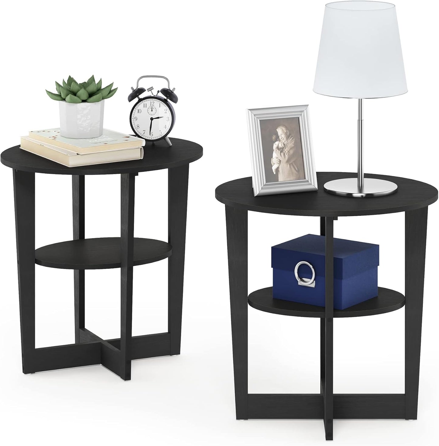 Furinno JAYA Side Table Set of 2, 2-Tier Round End Table with Oval Tabletop, Night Stand, Bedside Table with Open Shelf, for Living Room, Bedroom, Walnut