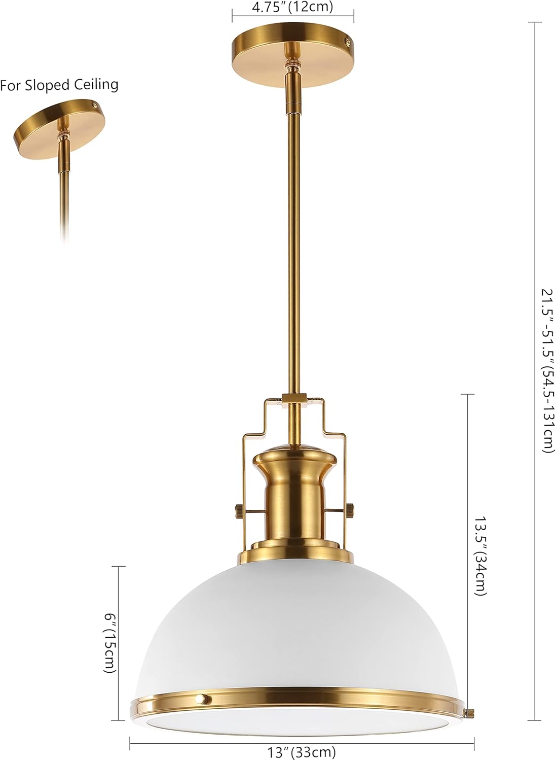 JONATHAN Y 13" Brass Gold/White Modern Industrial Iron LED Dome Pendant Light, Adjustable Hanging Fixture for Kitchen Island or Entryway, Black Metal Shade, LED Bulb Included (JYL9536D)
