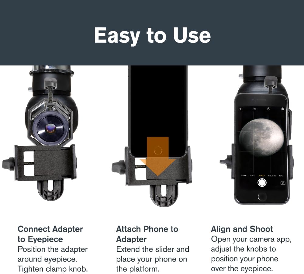 Celestron – Smartphone Adapter for Telescope, Binoculars & Spotting Scopes – Capture Images & Video Through Your Optics – Simple, Durable, Metal Body - Compact and Travel-Friendly