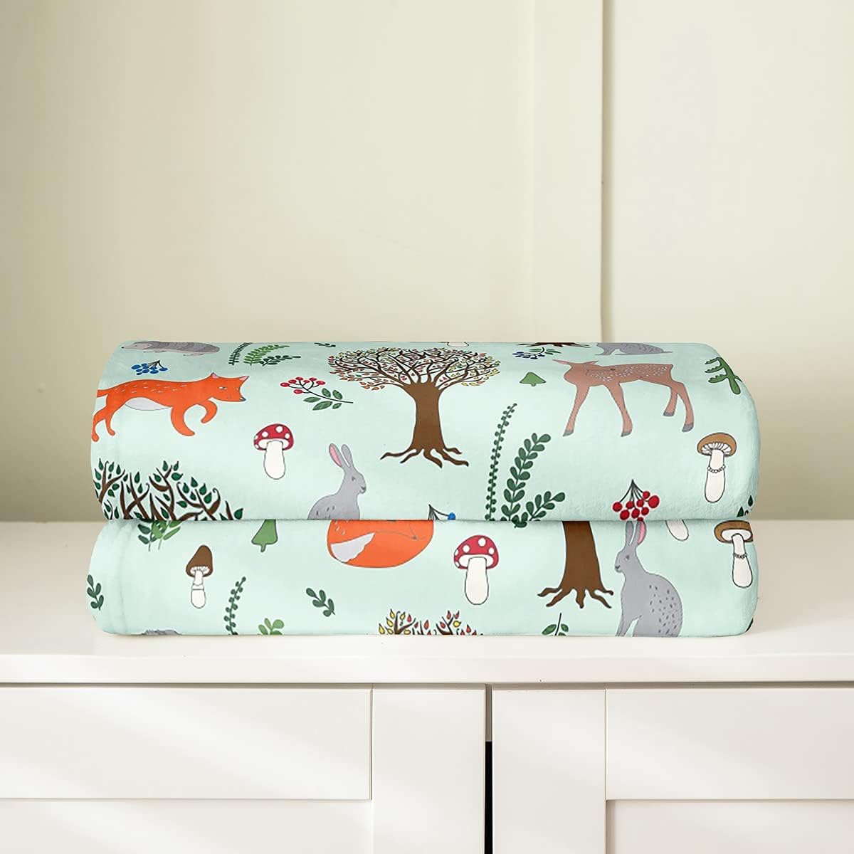 Erosebridal Farm Animals Fleece Blanket Throw Size, Cartoon Rabbit Deer Fox Hedgehog Fuzzy Blanket for Kids Boys Girls, Mushroom Tree Woodland Decor Flannel Blanket, Soft Cozy Throw Blanket, Green