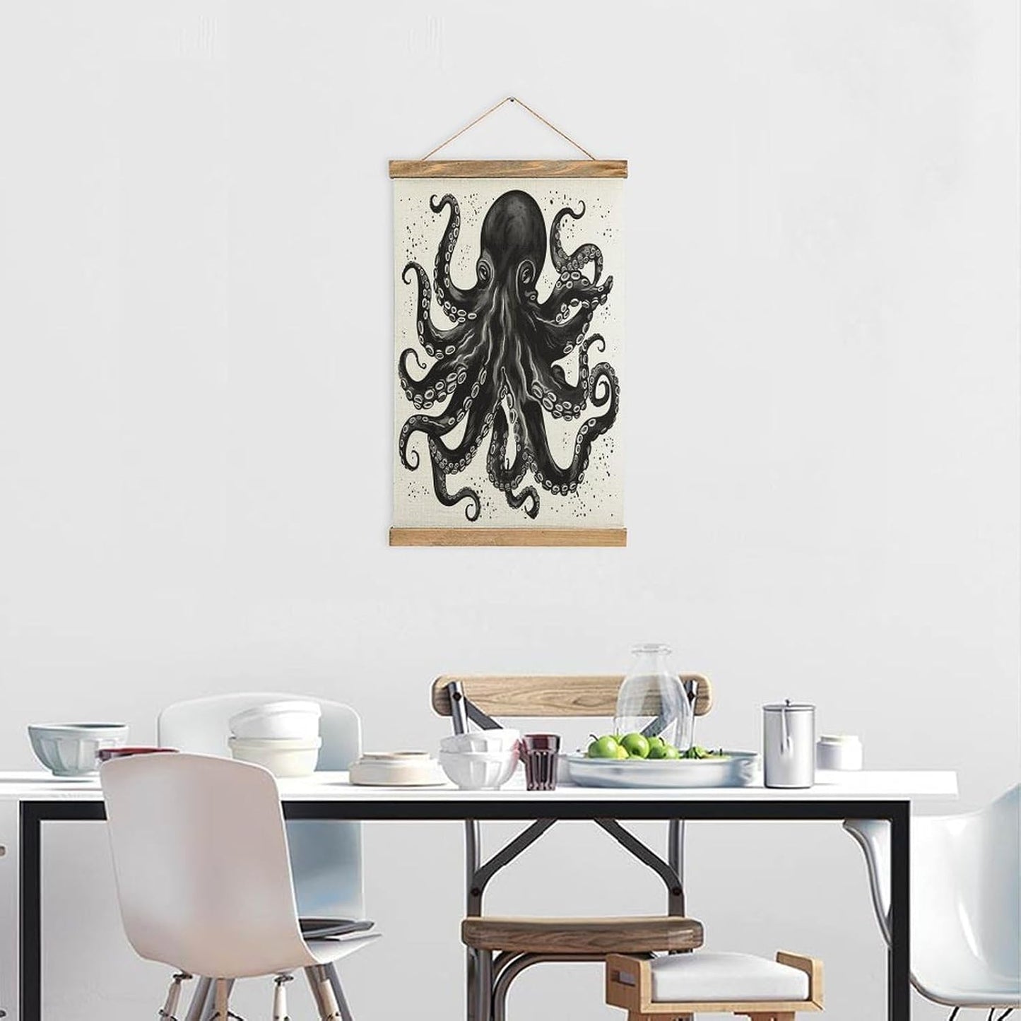 Vintage Classic Black Octopus Poster with Wooden Frame Personalized Linen Hanging Scroll Painting Rustic Wall Hanging Illustrative Modern Artwork Decor for Home Living Room Bedroom Office