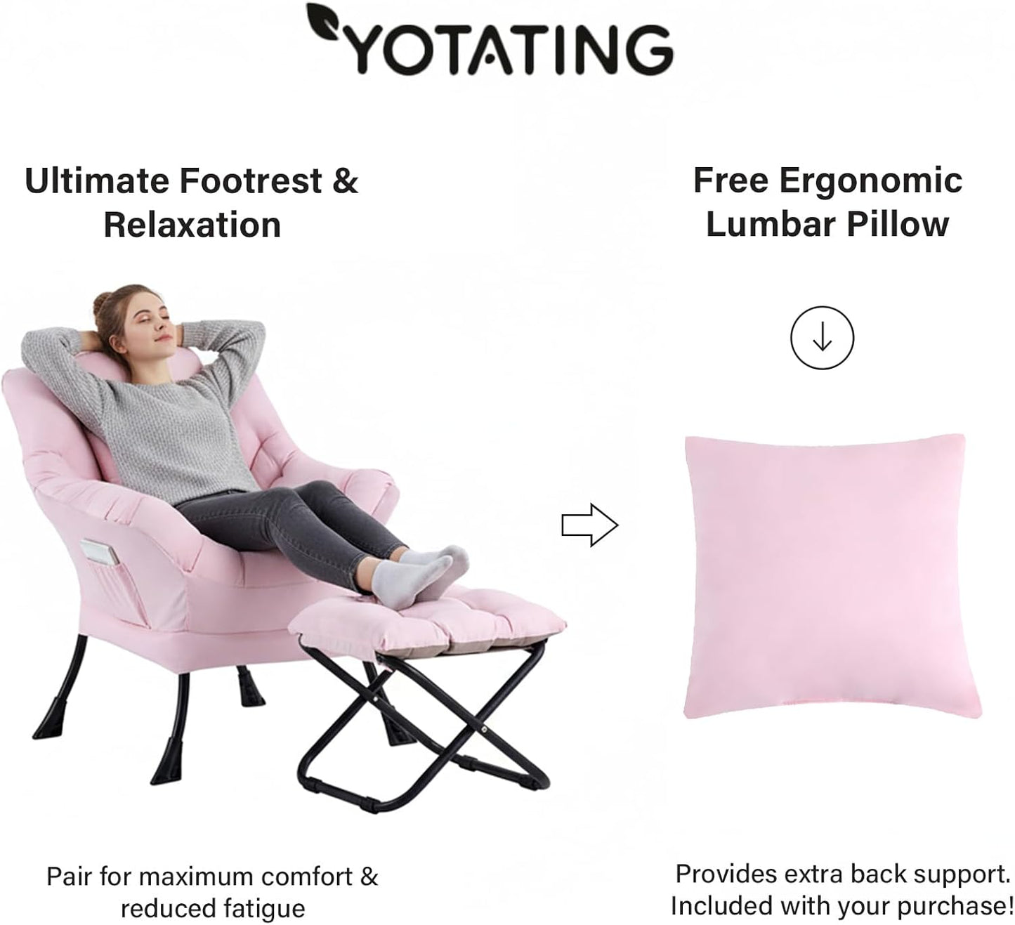 Lazy Chair with Ottoman, Modern Accent Leisure Sofa Chair with Footrest Stool & Throw Pillow, Modern Lounge Chair with Armrests for Living Room, Pink