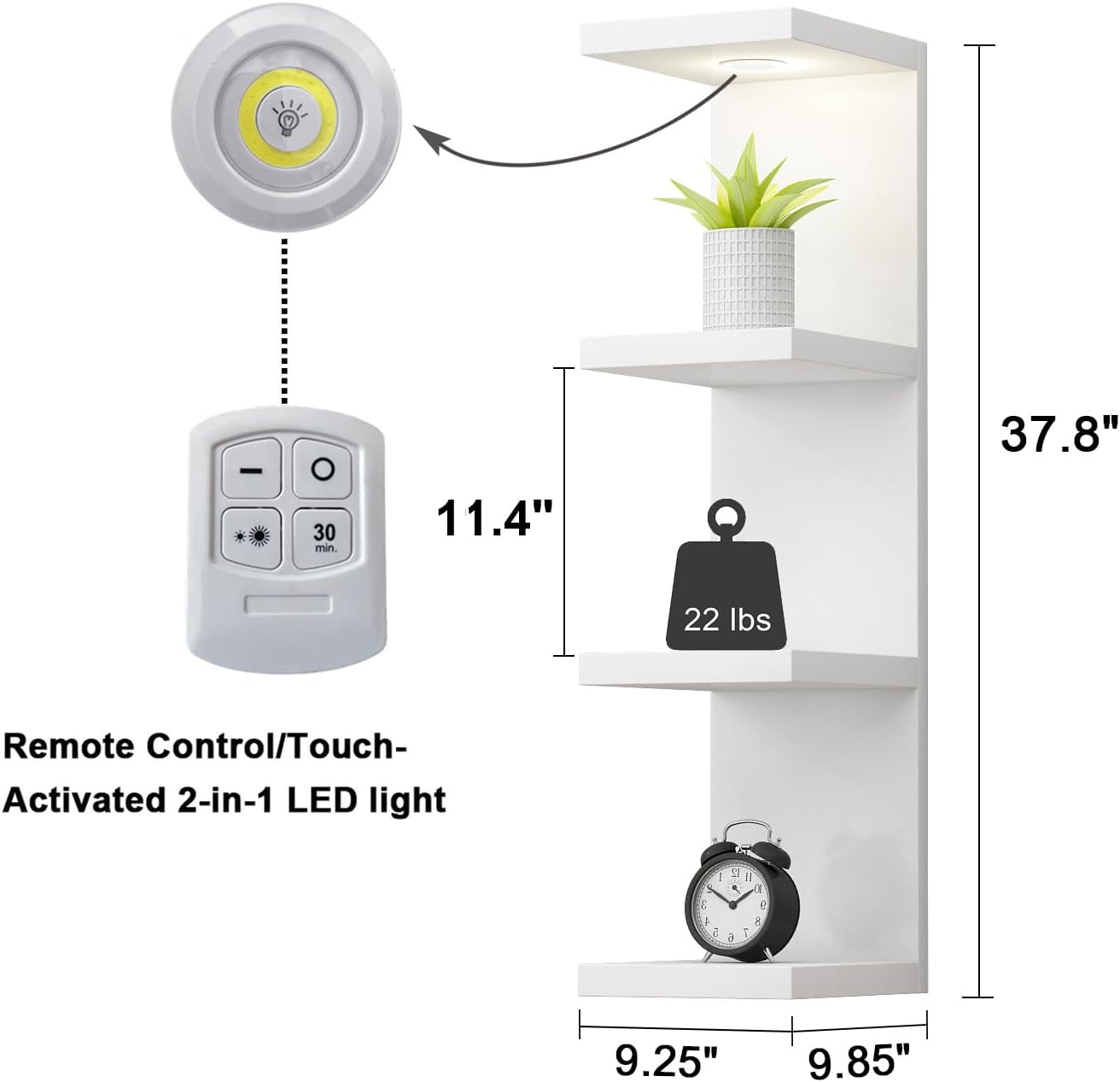 Versatile 4 Tier Wall Shelf Unit,White Lack Wall Shelf,Display Floating Shelf with LED Remote Control Light