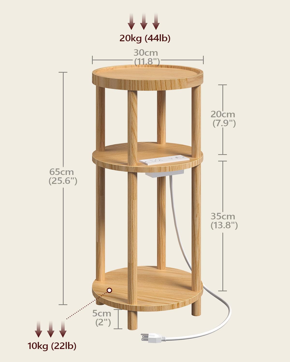 Small Round Side Table with Charging Station for Small Spaces, 3-Tier Solid Wood End Table, Compact Sofa Table Bedside Tables for Living Room, Bedroom, Apartment, Natural