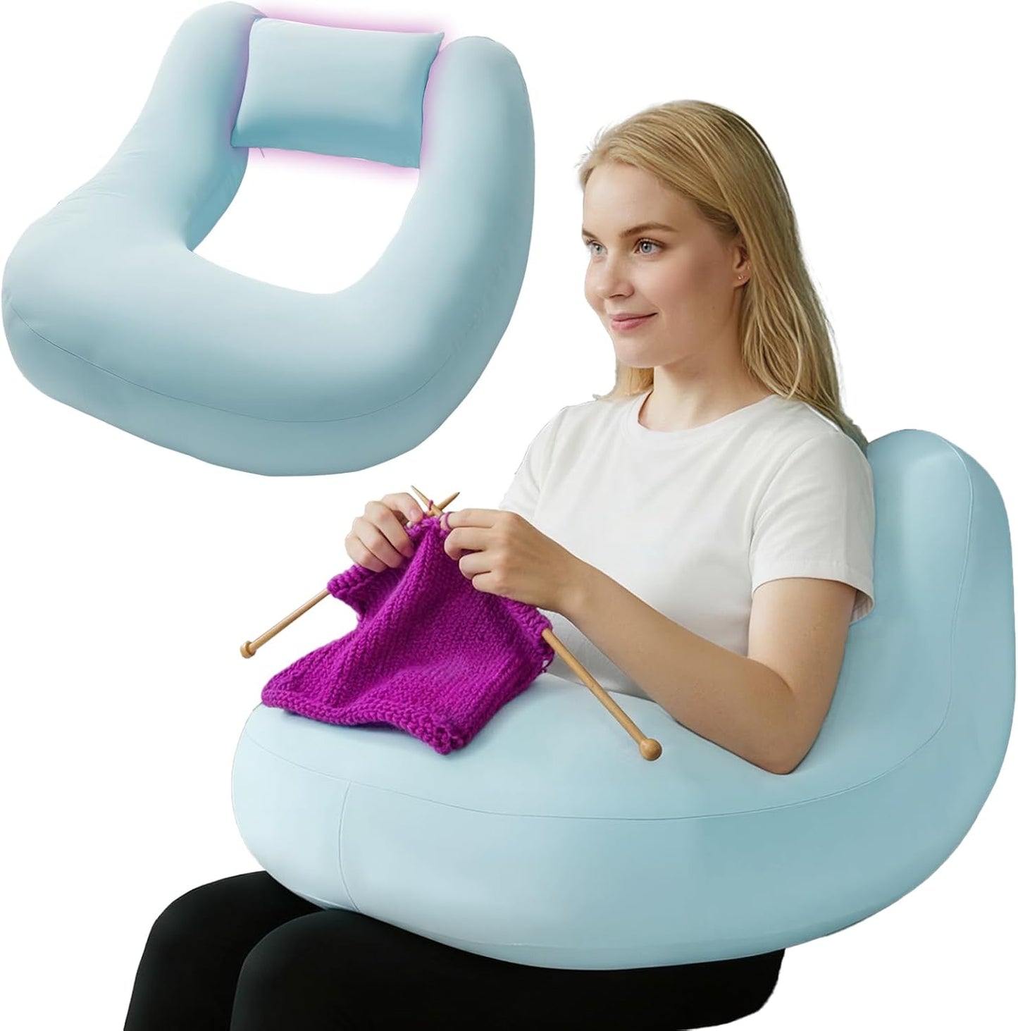 Crochet Pillow for Lap Support - Reading Pillow for Laptop with Extra Back Pillow for Support, Enlarged Gaming Pillow for Lap, Multi-Purpose Reading Pillow for Gaming/Working/Crocheting, Cooling Blue