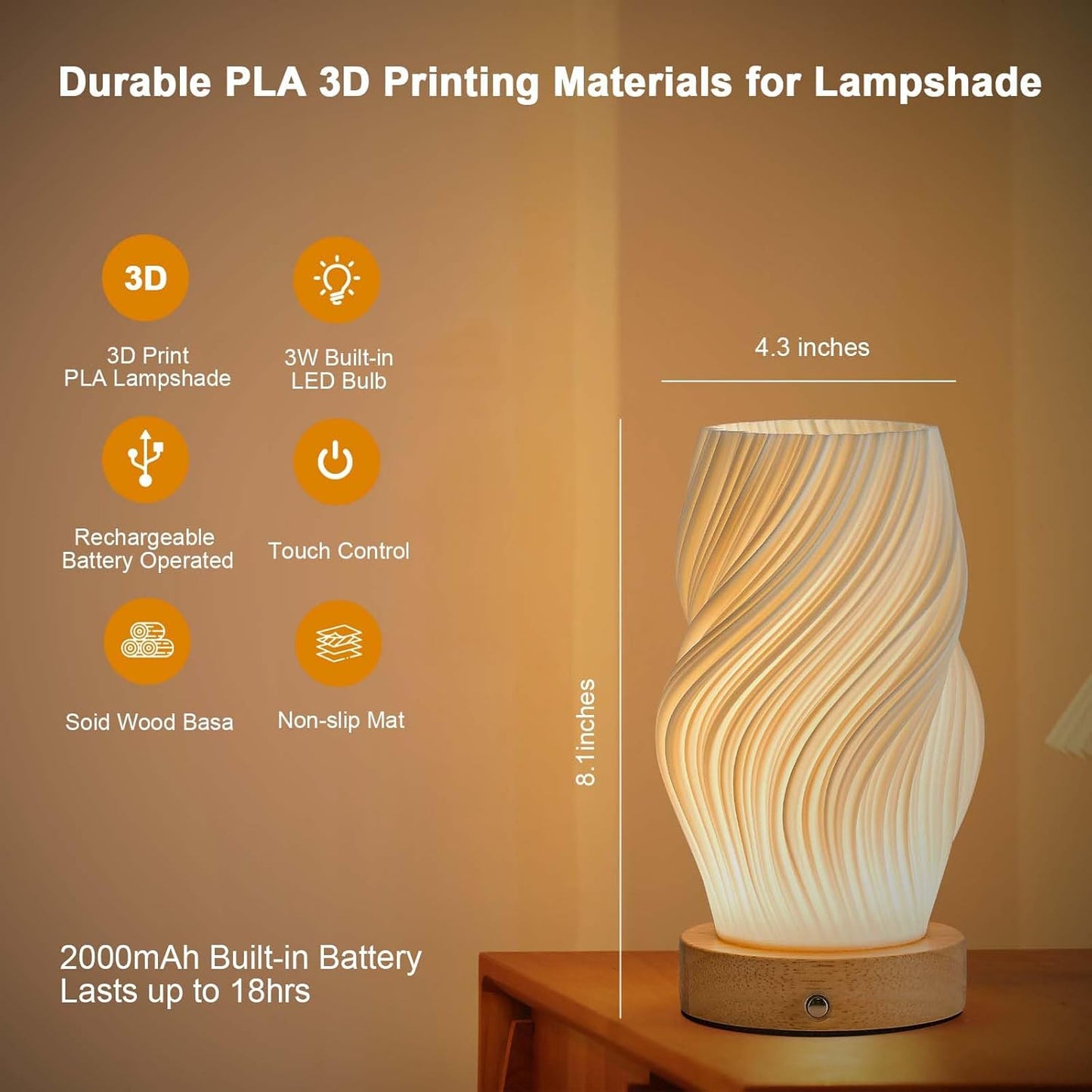 Small Battery Operated Lamp, Modern Table Lamp, Rechargeable, Touch Control, 3 Color Temperature, Dimmable, Bedside Table, Flame