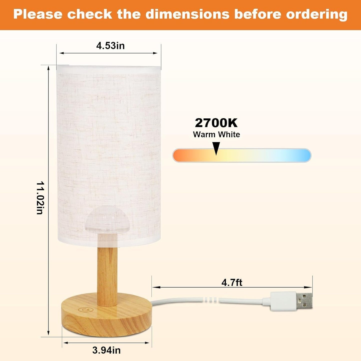 Touch Bedside Table Lamps Set of 2 - Stepless Dimming USB Powered, Minimalist Wood Base Linen Shade, 2700K Warm Night Light for Bedroom Nightstand Nursery Dorm Kitchen Small Spaces(5W LED 50K Hrs)