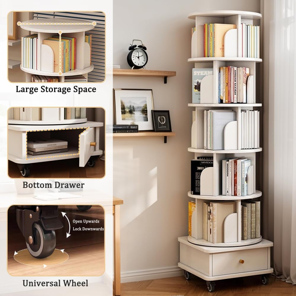 360° Rotating 6-Tier Bookshelf with Drawer & Wheels - Space-Saving Tall Bookcase for Bedroom, Living Room & Office - Stylish White Wood Corner Shelf