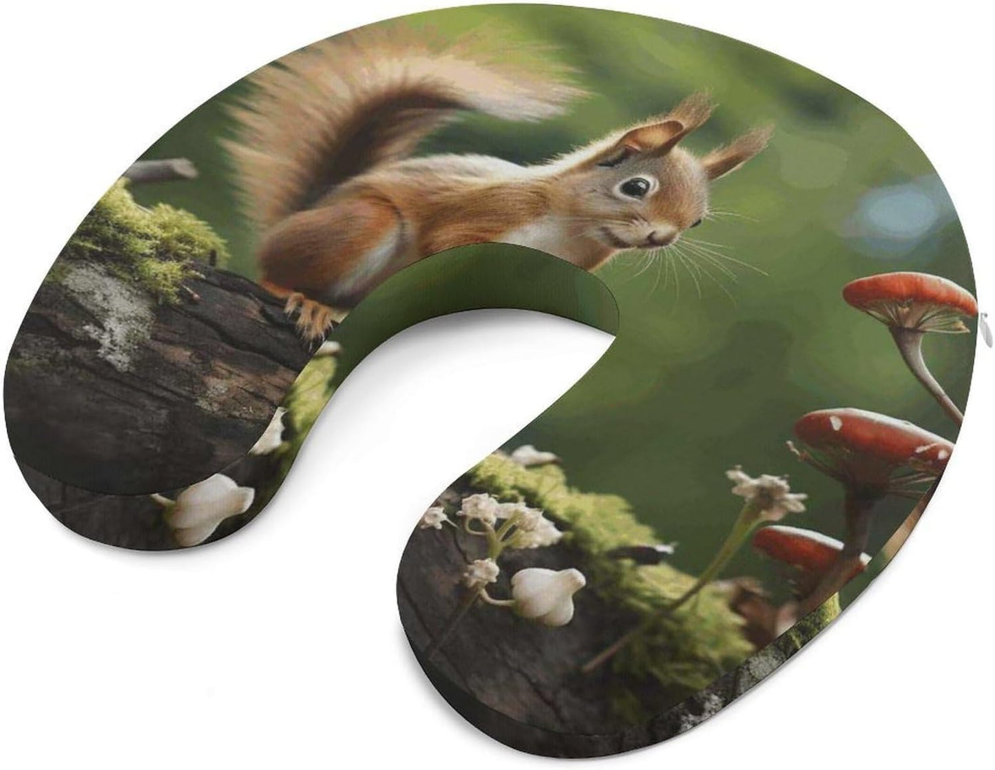 Red Squirrel on Small Green Hill Neck Pillow Memory Foam U Shaped Pillows Portable Pillows for Shoulder Travel Head Support Pillow with Concealed Zipper for Airplane Car Home Office