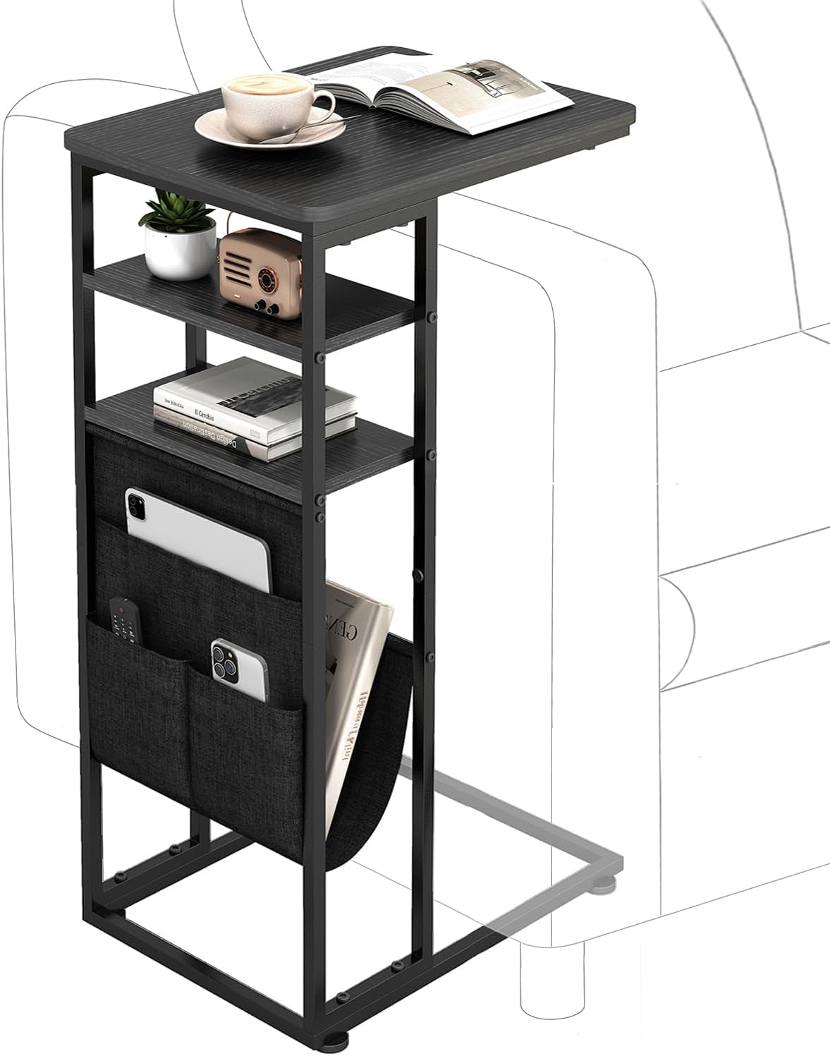 C Shaped End Table 28"(H) 3-Tier C Table with Storage Bag, Under Couch Table C-Shaped End Table with Storage Shelves and Bag for Living Room, Bedroom, or Office