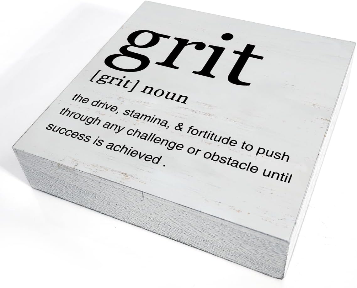 Inspirational Grit Definition Art Wooden Box Sign Grit Minimalist Desk Decorative Wooden Sign Home Office Decor for Table Shelf 5 x 5 Inches