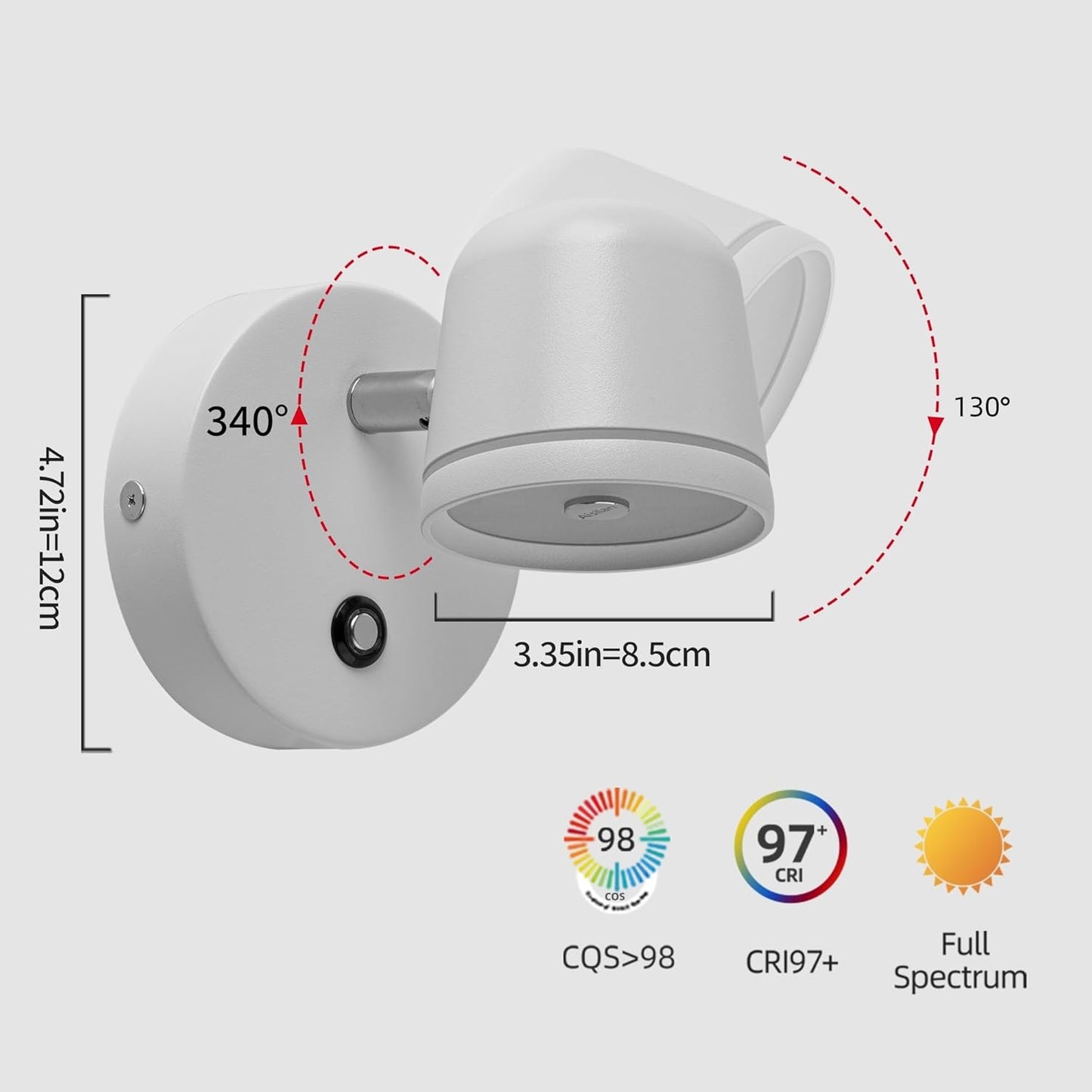 Aisilan Wall Sconce, Hardwired Touch Dimmable Wall Light with 3 Color Temperatures, Adjustable 7W LED Wall Lamp CRI97, Modern White Aluminum Sconce for Bedroom Bedside Hallway