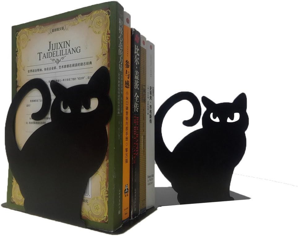 Winterworm Cute Vivid Lovely Persian Cat Nonskid Thickening Iron Metal Bookends Book Organizer for Library School Office Home Study Desk Organizer (Black)