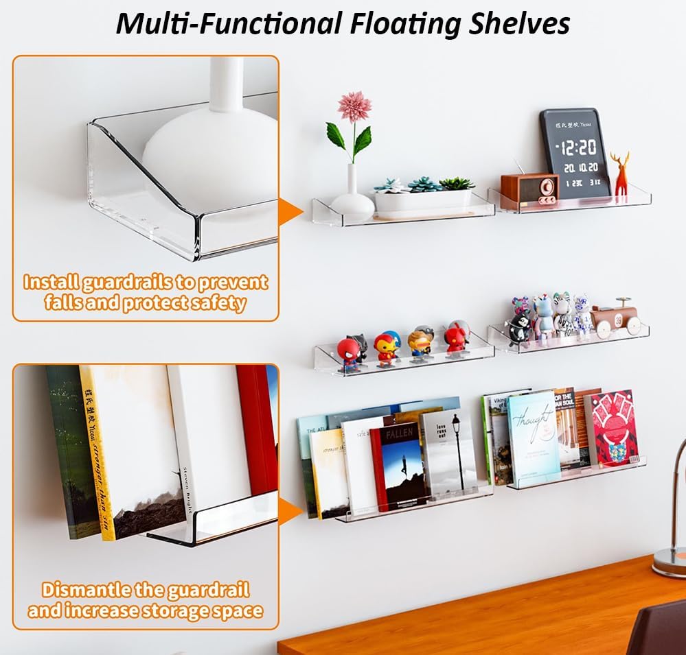 2 Pcs Acrylic Floating Shelves, 15" Wall Mounted Bookshelves Farmhouse Shelves for Display Book Photo Figures Plants, Display Shelf Organizer for Bedroom Living Kitchen Room Storage
