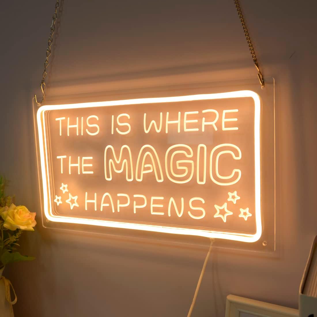 Britrio This Is Where The Magic Happens Neon Sign Light Bedroom Dorm Office Wall Decor Light Up Word Neon Sign Home Bar Club Cafe Shop Salon Man Cave Window Wedding Birthday Party Gift 5V USB Warm White