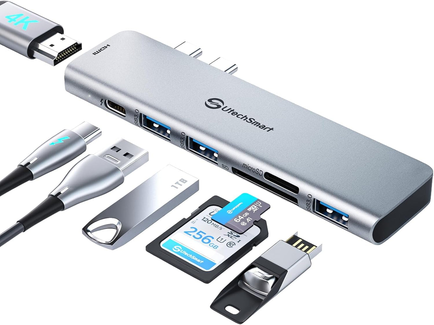 USB C Hub Adapter MacBook - UtechSmart 7 in 2 MacBook Pro/Air Accessories Multiport Adapter with Thunderbolt 3 Port, 100W PD 4K@30Hz, 40Gbps 4K HDMI, 3*USB3.0 Data Port SD and MicroSD Card Reader