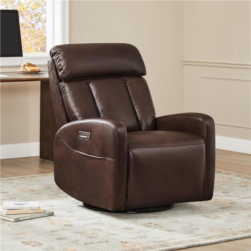 Electric Swivel Recliner Chair with 270 Degree Rotation Adjustable Headrest Lumbar Support Brown Leather Upholstered Nursery Rocking Reclining Sofa for Living Room