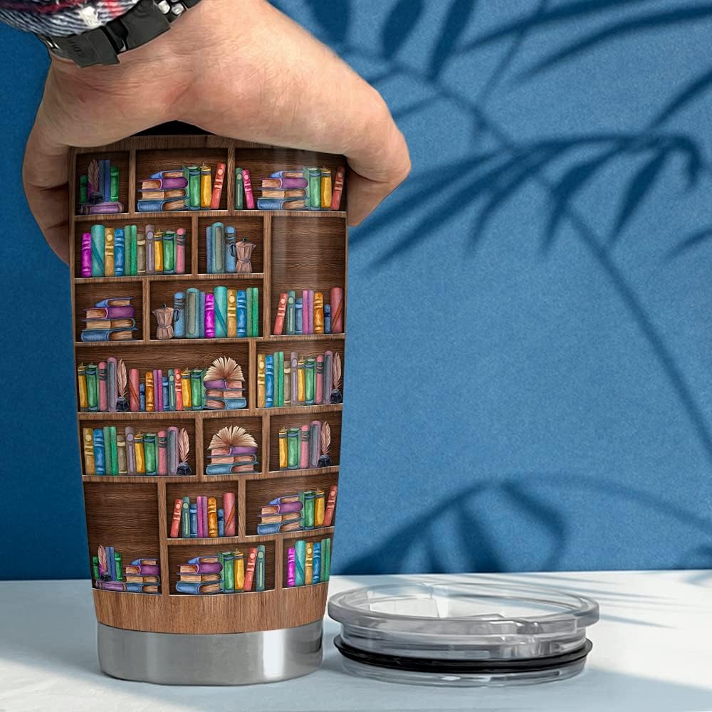 SANDJEST Book Lovers Tumbler Bookshelf 20oz Tumblers with Lid Gift for Librarian Book Lover Women Readers Bookworm Christmas Holiday Birthday