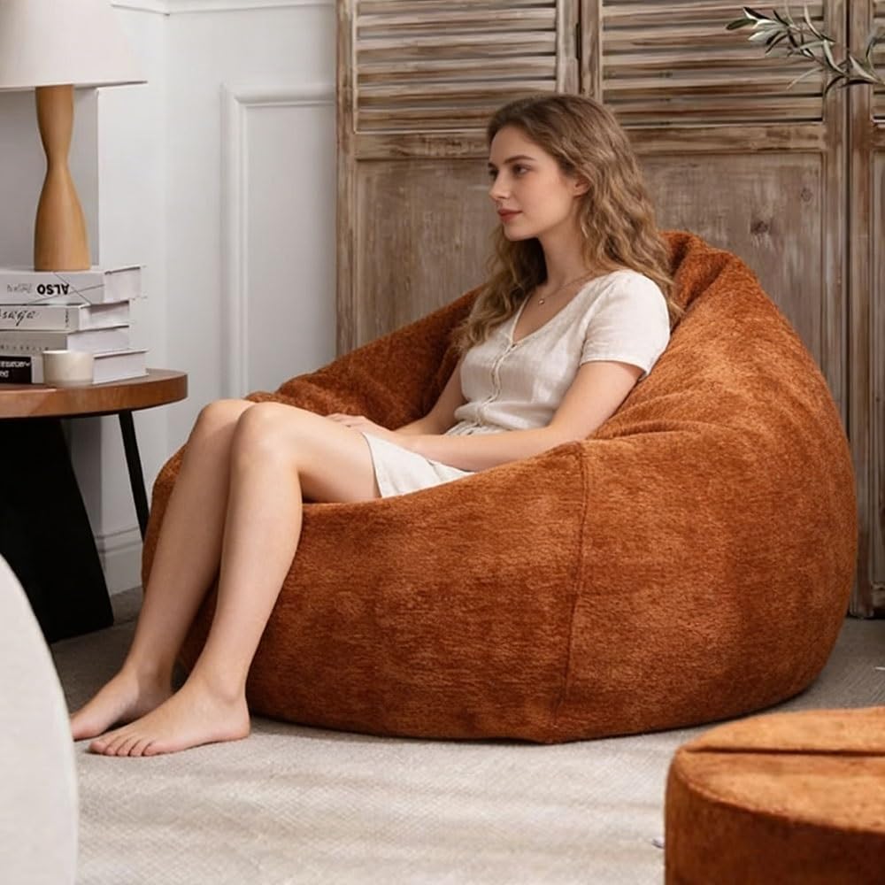 Bean Bag Chair (No Filler) Washable Chenille Vevet Bean Bag Cover Adults Kids Pouf Sofa Cover Couch Beanbag Ottoman Relax Lounge Futon Puff Floor Seating Living Room Furniture(Gray,100cm-3.3ft)
