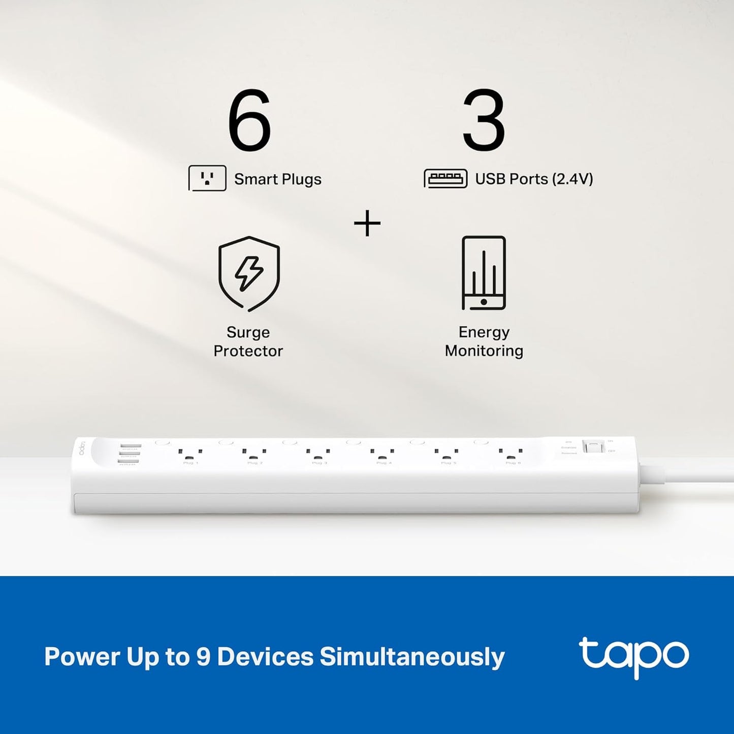 Tapo Smart Wi-Fi Power Strip - Matter Compatible, Energy Monitoring, Surge Protection, 6 Individually Controlled Outlets & 3 USB Ports, Works with Alexa, Google Assistant, Siri & Bixby - Tapo P316M