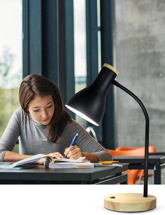 Metal Desk Lamp Table Lamp Reading Lights Arc Desk Lamps for Bedroom, Wood Base Bedside Lamp with Flexible Gooseneck for Study Room and Office (Wood Base+Black)