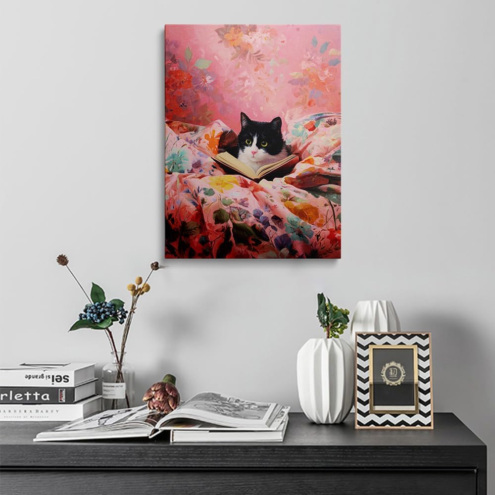 Funny Cat Reading Book with Green Eyes Canvas Wall Art Framed Whimsical Animal Painting Prints Posters Artwork for Girls Room Wall Decor Pink Aesthetic Cute Cat Lover Gift 12x16 Inches