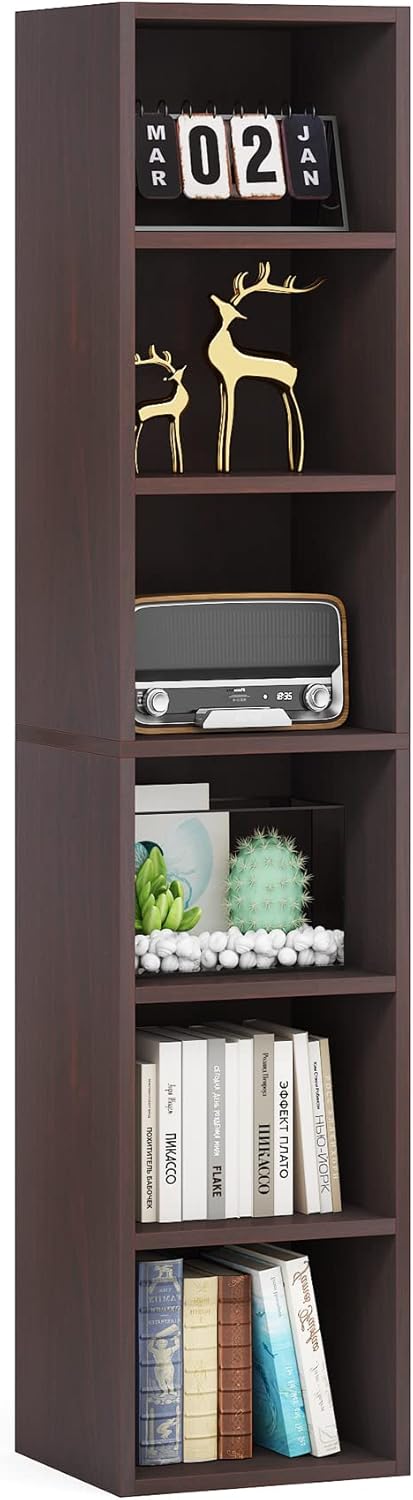 LITTLE TREE 70.9 Inch Tall Narrow Bookcase, Corner Bookshelf 6 Tier Cube Display Shelf Storage Organizer for Small Space, Brown