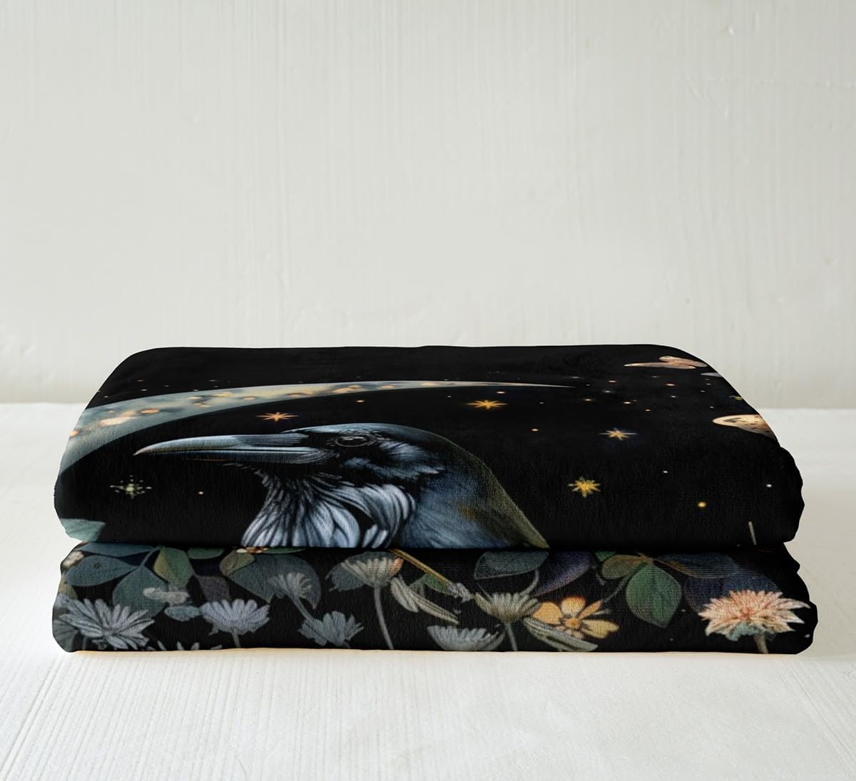 Black Crow Throw Blanket,Moon Daisy Flower and Butterfly Bed Blankets,Kids Boys Teens Room Decor,Halloween Theme Animals Plants Fleece Blanket Boho Trippy Fuzzy Blanket,for Chair/Sofa,40"×50"