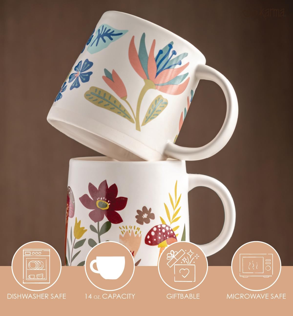 Karma, 14 oz Shelly Mug - Cute Coffee and Tea Mug - Ceramic Coffee Mugs for Women and Men, More Happy