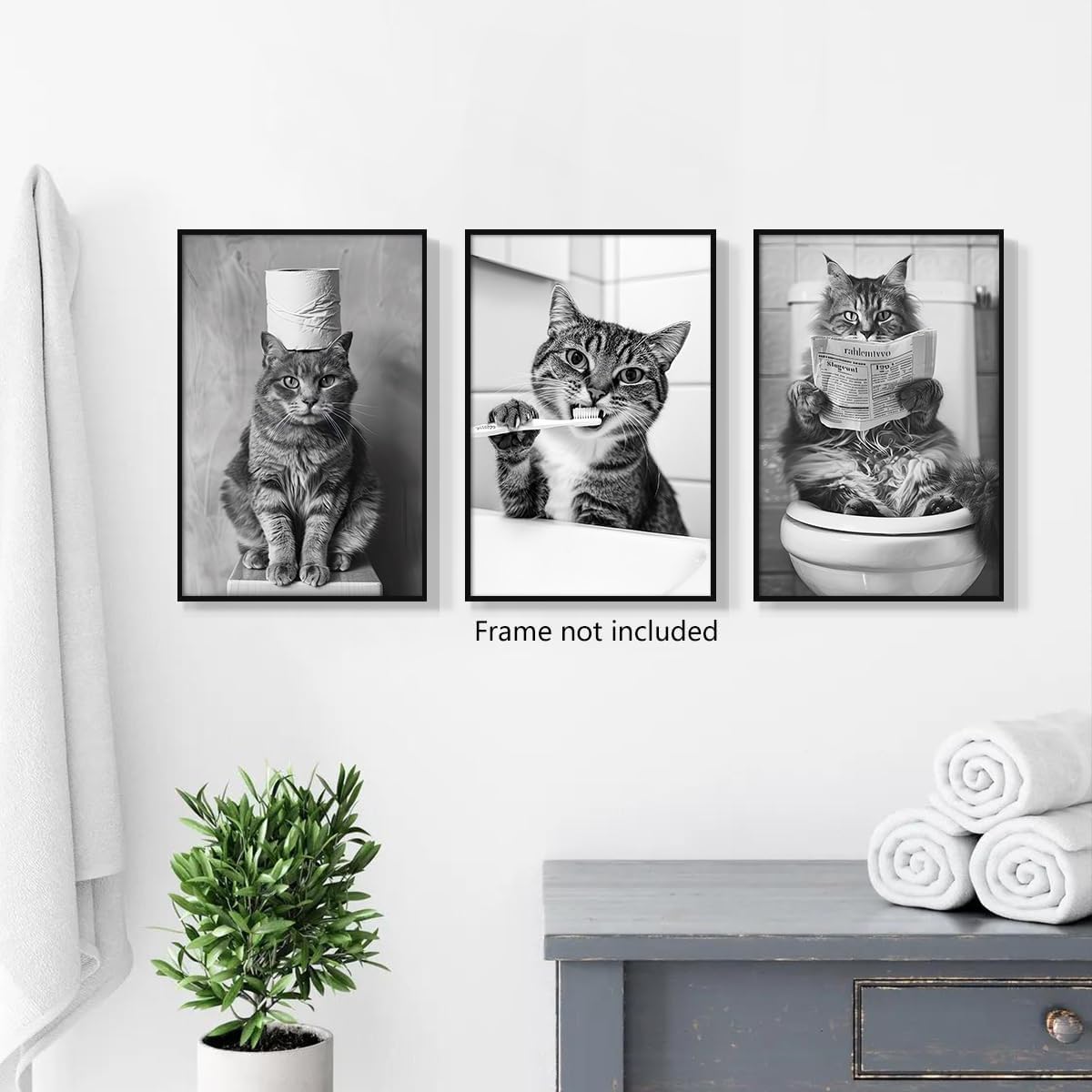sdgobvco Cat Bathroom Canvas Wall Art, Set of 3 Black and White Funny Animal Bathroom Poster, Cute Cat Reading Newspaper on Toilet Brushing Teeth Pictures Wall Decor for Guest Room 8x12in Unframed