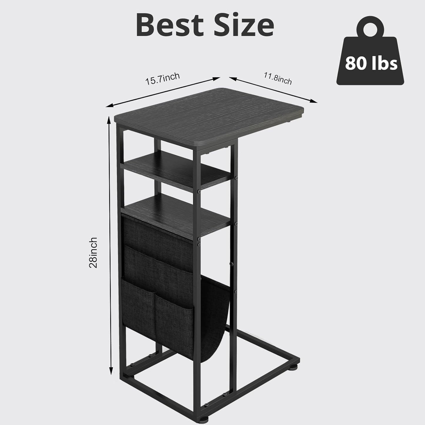 C Shaped End Table 28"(H) 3-Tier C Table with Storage Bag, Under Couch Table C-Shaped End Table with Storage Shelves and Bag for Living Room, Bedroom, or Office