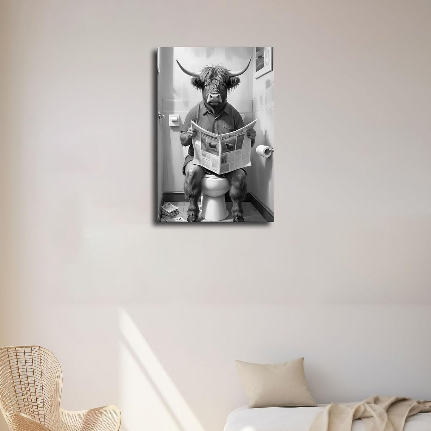 Wall Art Highland Cow reading the paper in the bathroom Canvas Poster Living Room Wall Art Bedroom Wall Decor Printins (16x24inch-No Framed)