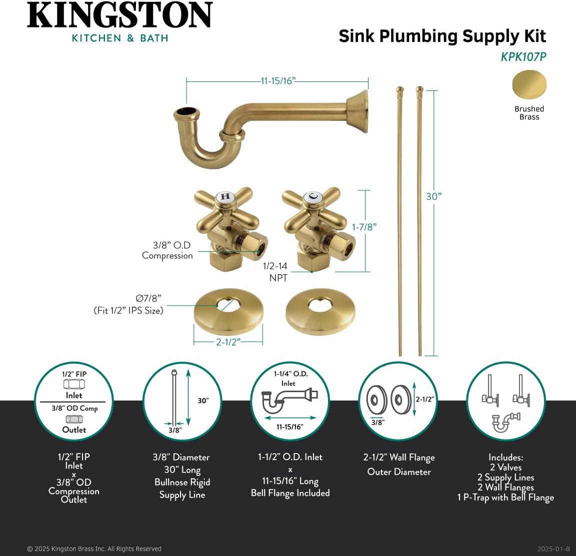 Kingston Brass KPK107P Trimscape Plumbing Supply Kit Combo, Brushed Brass