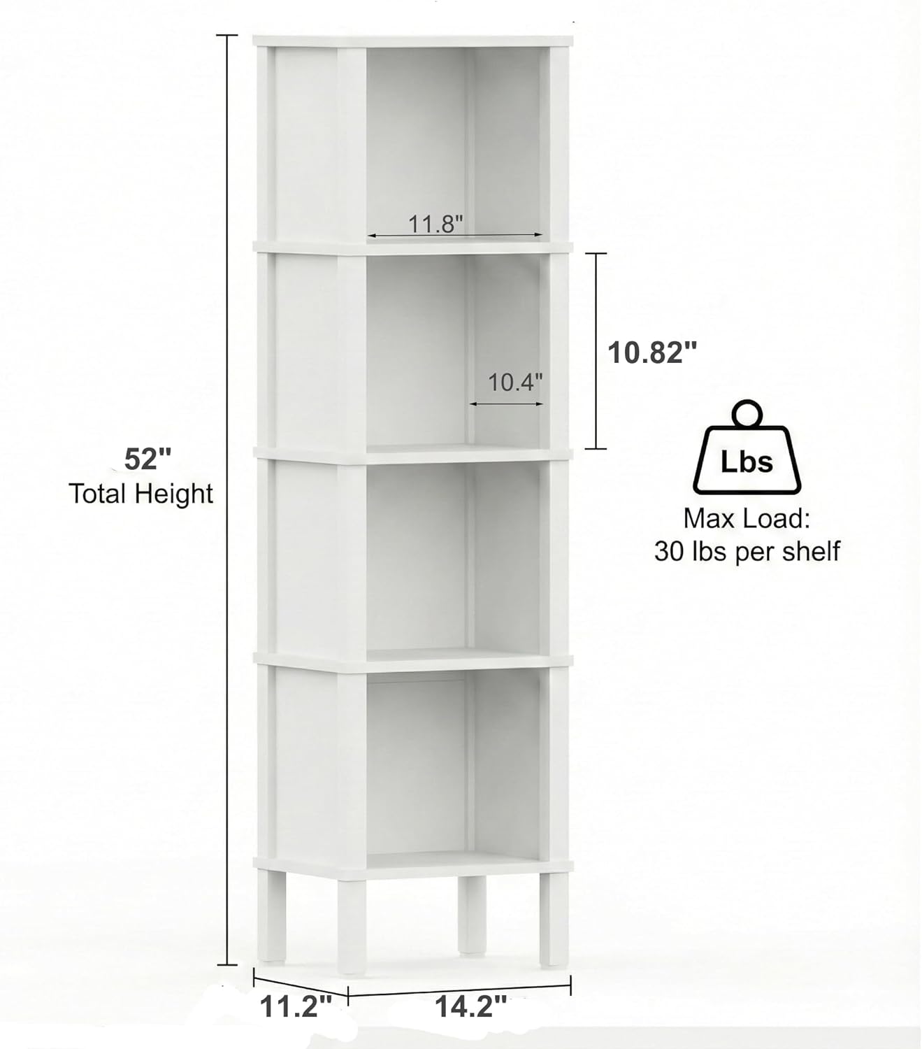 4-Tier Narrow Bookshelf for Small Spaces, Modern 4 Cube Bookcase, 14.2 x 11.2 x 52 Inches, Skinny Storage Shelving Unit, Open Display Rack for Bedroom, Living Room, Home Office,Corner (White)
