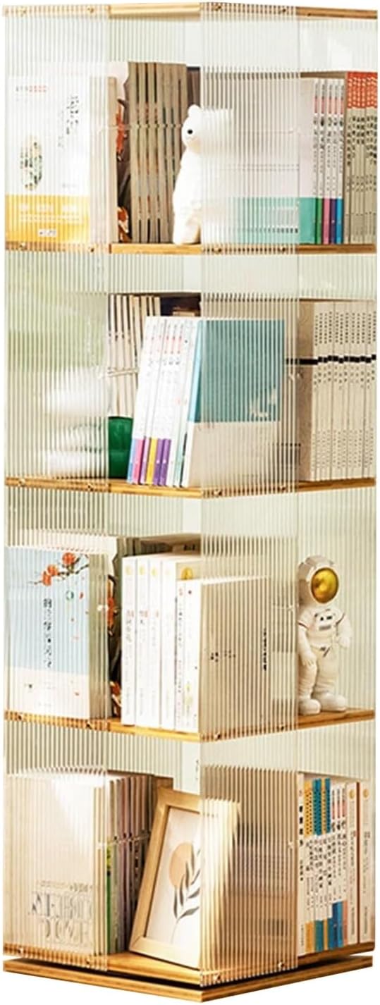 360° Rotating Bookcase - Clear Acrylic & Bamboo Freestanding Storage Shelf, Four-Tier Design for Bedroom, Living Room & Study, Stylish Striped Floor Stand Organizer