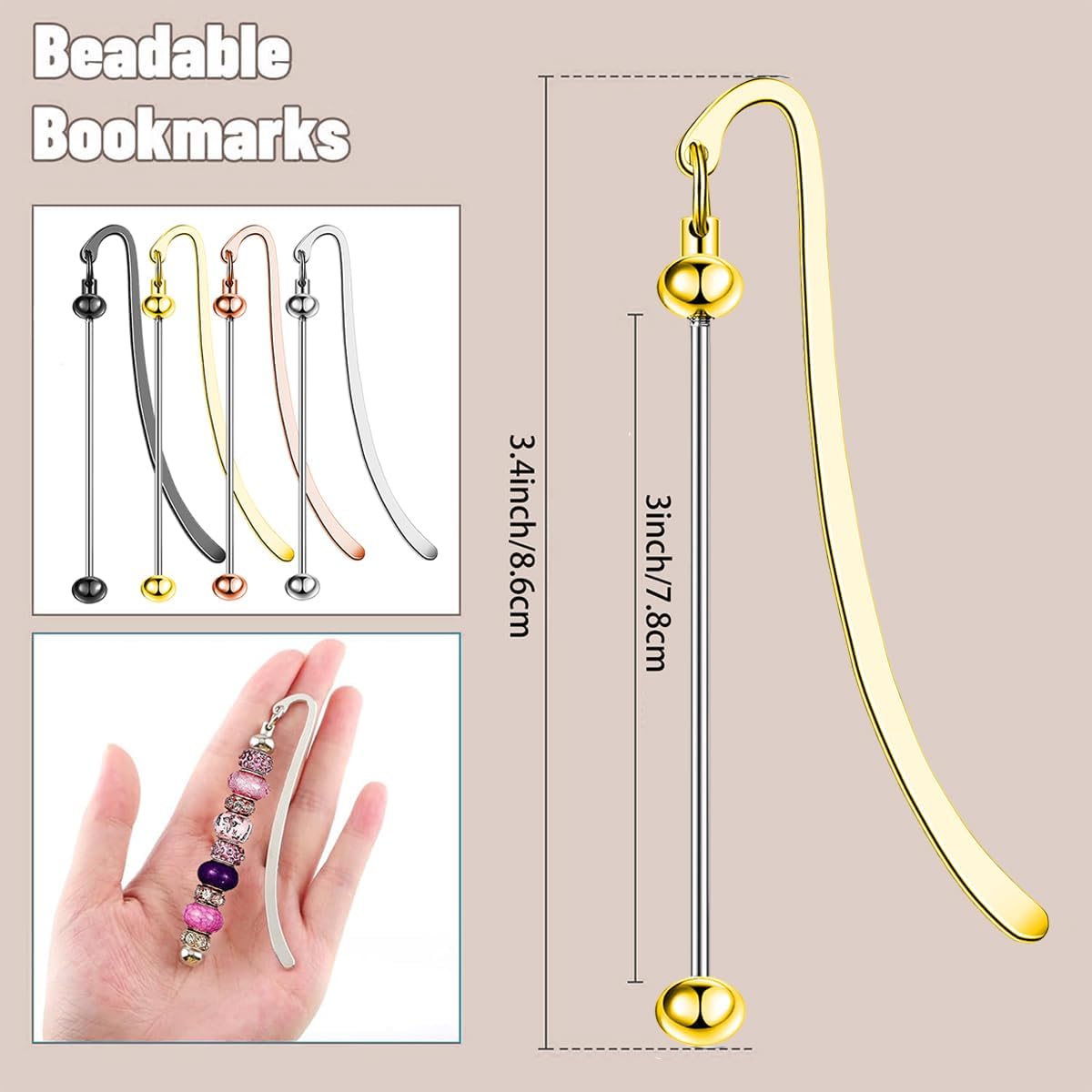 6Pcs Beadable Bookmarks DIY Metal Blank Beaded Bar, Beading Bookmark Bars Bulk for Beads for Book Lovers Student Teacher Office Supplies Craft Jewelry Pendant Charm Gift Birthday Present Gold