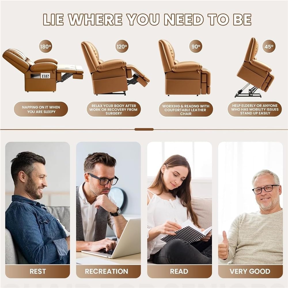Power Lift Recliner Chair for Elderly Brown Breathable Leather Lay Flat Sleeper with Heat and Massage Infinite Position Lounge Sofa USB Ports for Living Room & Home Theater