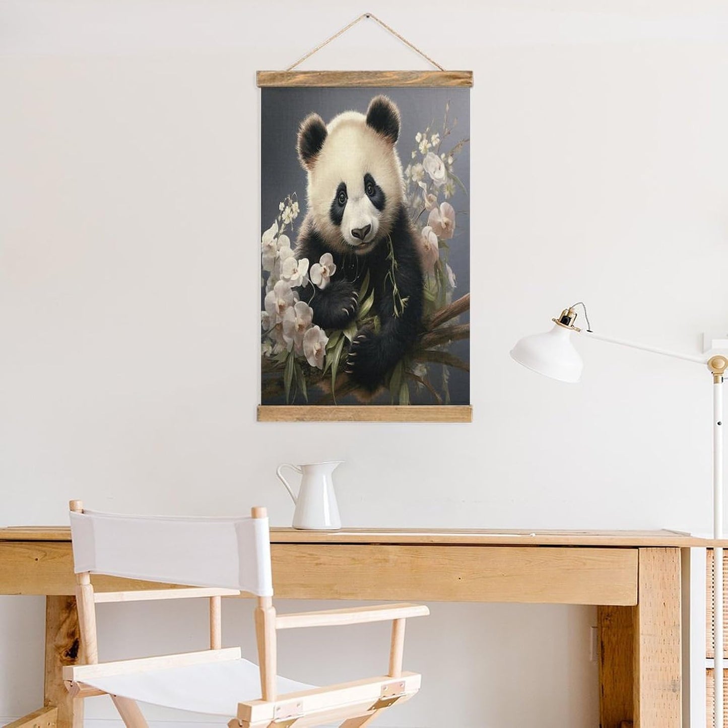 Vintage Panda with Flower Poster with Wooden Frame Personalized Linen Hanging Scroll Painting Rustic Wall Hanging Illustrative Modern Artwork Decor for Home Living Room Bedroom Office