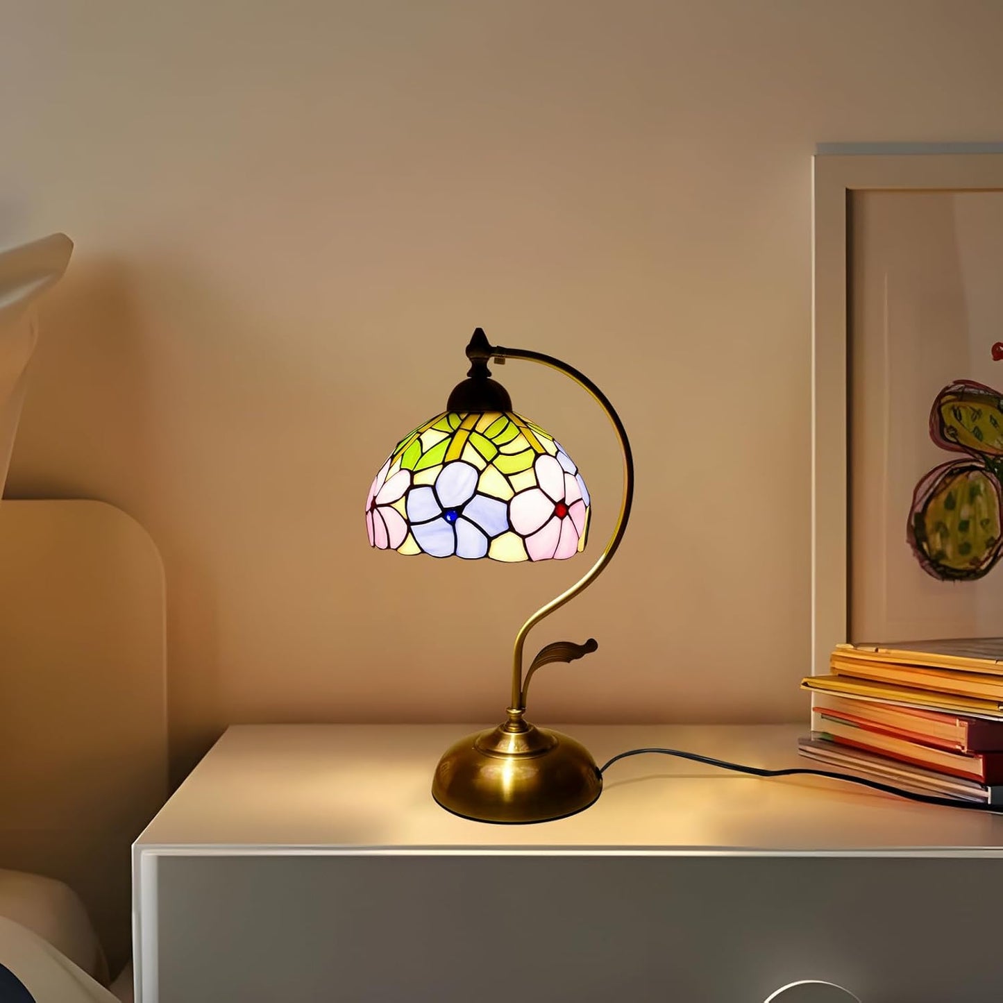 Tiffany Table Lamp Morning Glory Stained Glass Lamp 8" Wide 17" Tall Bedside Table Light Desk Lamps Vintage Reading Lamp with Color Changing LED Bulb