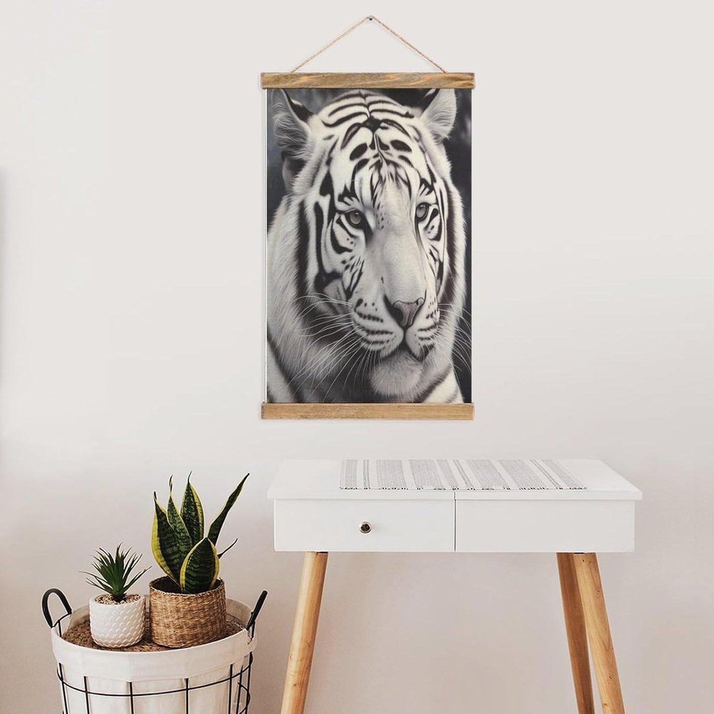 Vintage White Tiger Poster with Wooden Frame Personalized Linen Hanging Scroll Painting Rustic Wall Hanging Illustrative Modern Artwork Decor for Home Living Room Bedroom Office