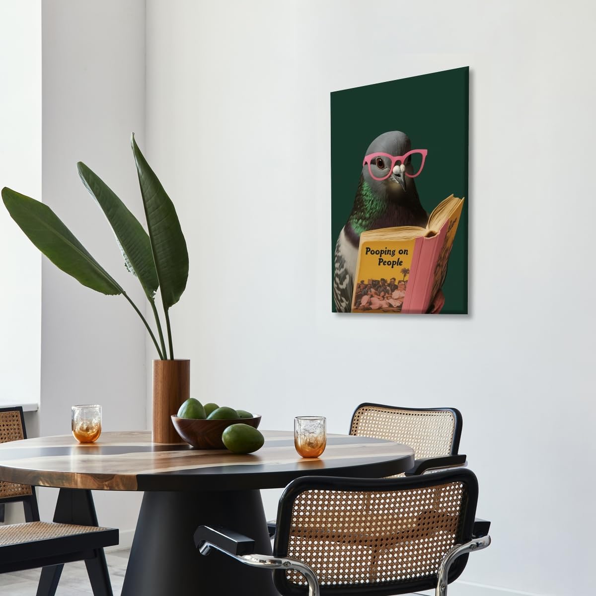 Funny Bathroom Wall Art Quirky Pigeon Reading Pooping on People Poster Trendy Bathroom Humor Painting Canvas Print Retro Bird Animal Green Wall Decor For Home Toile Restroom 16x24inch Unframed