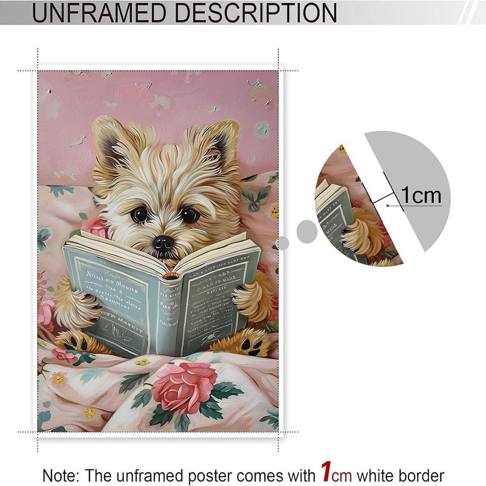 Vintage Dog Reading Books Posters Pink Funny Animal Canvas Wall Art Cute Pet Lovers Minimalist Aesthetic Prints Painting For Girls Room Home Bedroom Dorm Wall Decor 12x16in Unframed