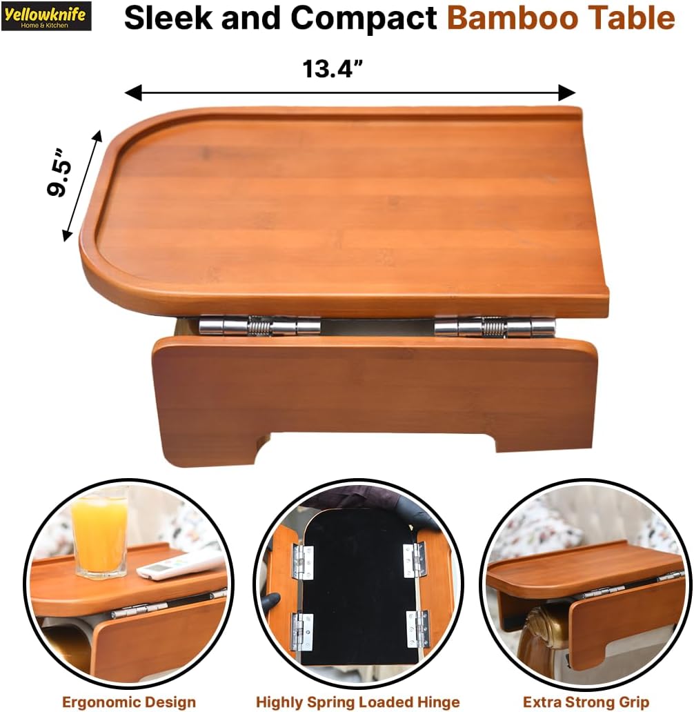 Premium Bamboo Sofa Arm Tray Table -Wooden Couch Arm Tray & Clip-on Sofa Tv tray -Non-Slip Couch Armrest table Caddy For Drinks, Snacks & Dinners -Foldable & Flexible for different Sofa Armrest Shapes